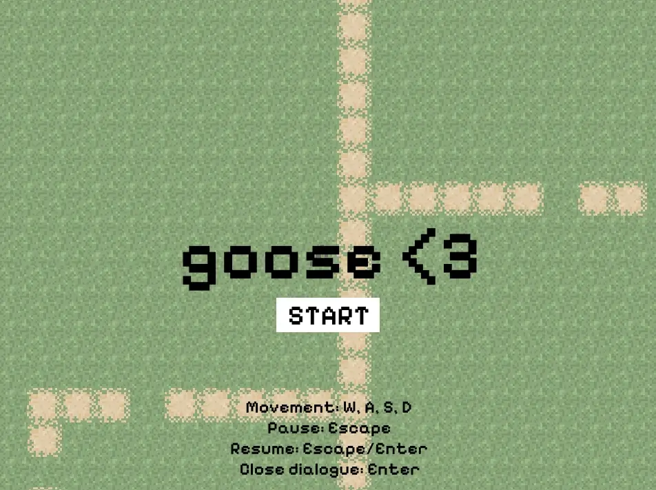 The Goose title screen: The game name and instructions on a grass background